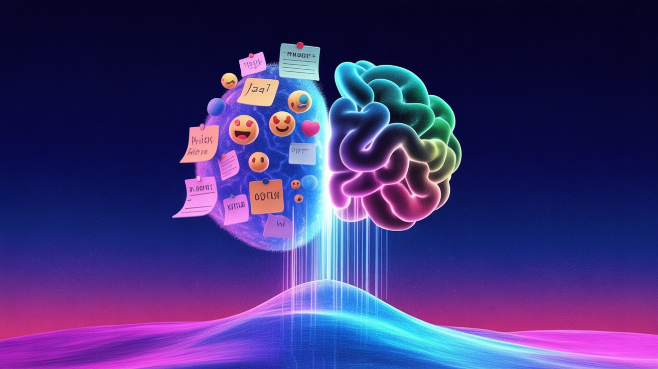 A vibrant, futuristic digital illustration. In the center, a stylized, glowing AI brain or a complex neural network icon emits streams of light. Around it, various forms of raw user feedback are depicted as scattered, unorganized elements: hand-drawn sticky notes, speech bubbles with diverse text, emojis showing different sentiments (happy, angry), and small data points. These elements are being drawn into the AI core, and from the other side, clear, categorized, and summarized data points, organized charts, and highlighted insights are emerging, displayed on a sleek, transparent digital interface. The color scheme should be bright blues, purples, and greens, conveying innovation, clarity, and efficiency. High-tech, clean, and optimistic mood.