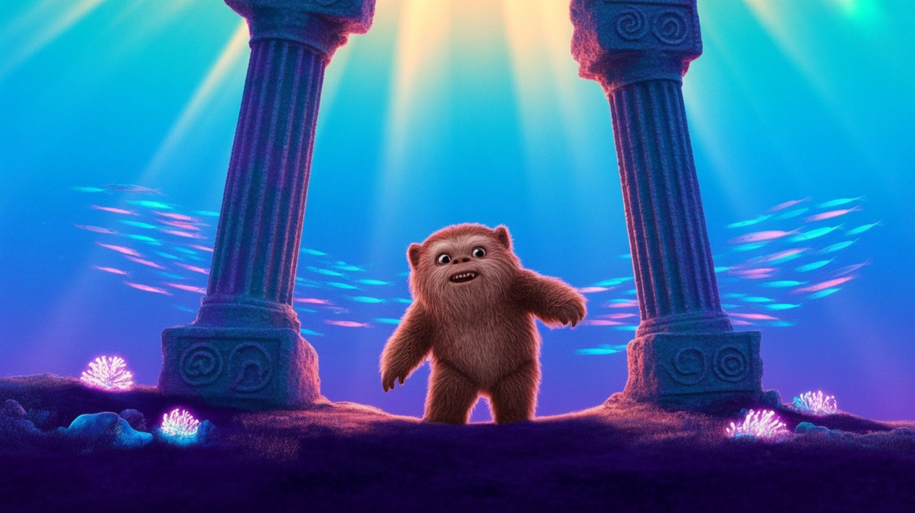 An incredibly fluffy, irresistibly cute, miniature Ewok, approximately 1.5 feet tall, with large, expressive, curious eyes and a slightly mischievous grin, exploring with wide-eyed wonder.

**Composition:** A dynamic full body shot, positioned slightly off-center, amidst the breathtaking, ancient ruins of a sunken Atlantean city. The scene features grand, ornate, crumbling marble columns draped with iridescent algae and vibrant bioluminescent coral, intricate carvings on sunken temple walls, and shimmering schools of exotic, luminous fish swimming gracefully through the midground and background. Foreground elements include small, pulsating glowing anemones and scattered ancient artifacts. Shot at eye-level with a wide-angle lens to emphasize the vastness of Atlantis.

**Lighting:** Magical and ethereal. Dappled, golden shafts of sunlight filter down from the ocean surface, creating dramatic god rays that pierce the blue-green depths, mixing with the soft, pulsating glow of bioluminescent flora and subtle energy emanating from ancient Atlantean crystals embedded in the structures. This creates a complex interplay of warm and cool tones.

**Style:** A cinematic digital painting, rendered in ultra-high definition with photorealistic textures for the Ewok's fur and skin, contrasting with the fantastical, dreamlike quality of the underwater city. Inspired by the detailed world-building of Studio Ghibli, the epic scale of fantasy concept art, and the intricate designs of Art Nouveau.

**Mood:** A sense of awe, wonder, and serene mystery, with a touch of whimsical adventure.

**Technical Aspects:** Masterpiece quality, trending on ArtStation, intricate detail, vibrant and harmonious color palette, incredible atmospheric perspective, 16:9 aspect ratio.